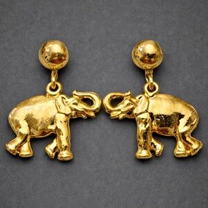 Vintage Gold Tone Elephant Dangle Earrings Lucky Animal Statement Jewelry Gifts